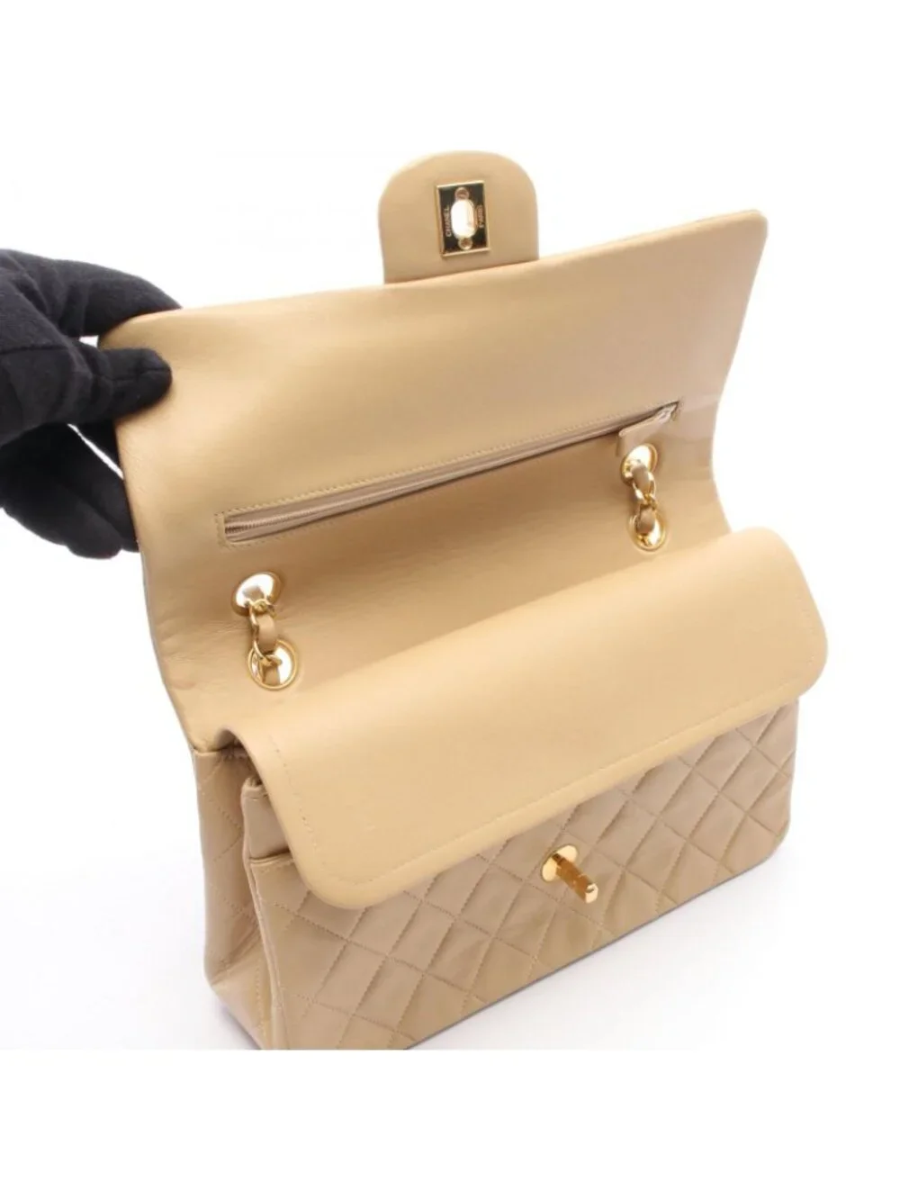 Chanel Shoulder Bag Quilted Double Flap Beige Lambskin Chain